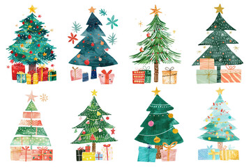 Fototapeta premium PNG watercolor Christmas tree element set, transparent background