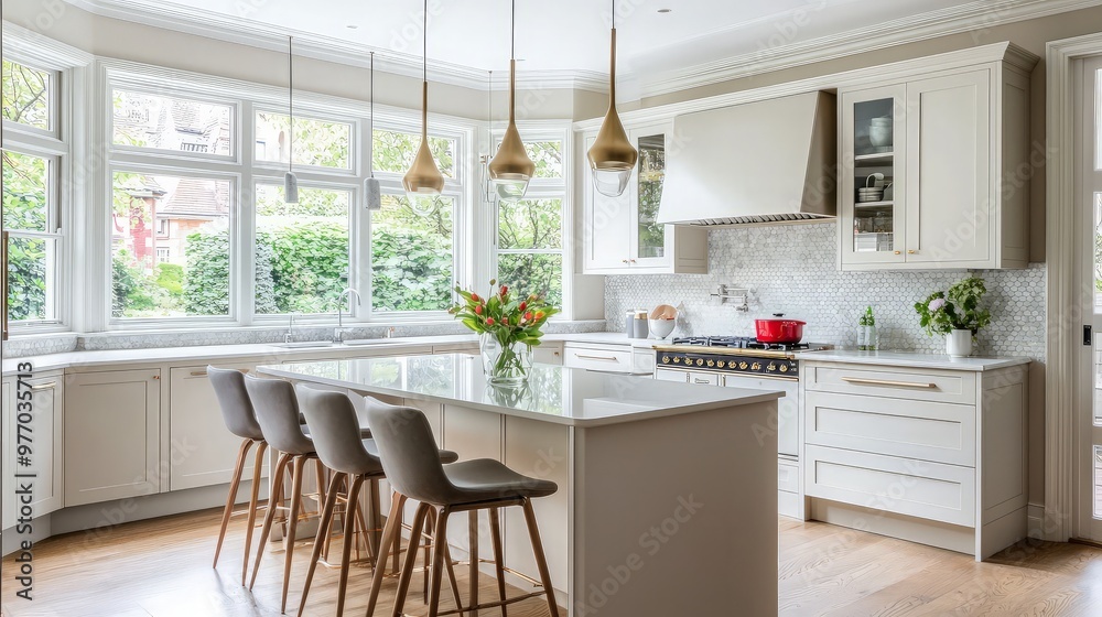 Wall mural Modern Kitchen with Large Windows and a White Interior