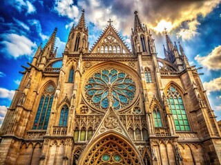 Gothic grandeur and intricate stained glass merge to create a breathtaking facade, a majestic cathedral's regal face, aglow with reverent beauty on a cloudy day.