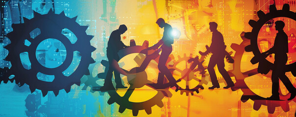 Silhouettes Working with Gears Symbolizing Industry and Teamwork