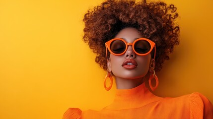 A fashionable woman with curly hair, orange sunglasses, and striking orange outfit exudes confidence and style against a vibrant yellow backdrop, embodying boldness and charisma.