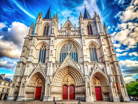 Grandiose Gothic architecture of Nantes Cathedral in France, with intricate stone carvings, stunning stained glass windows, and majestic soaring vaulted ceilings under a blue sky.