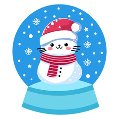 Сat snowman snow ball. Christmas snow ball with cute cat snowman in Santa Claus hat, scarf and snowflakes. Flat design vector illustration of Сat snowman. Isolated on white background.
