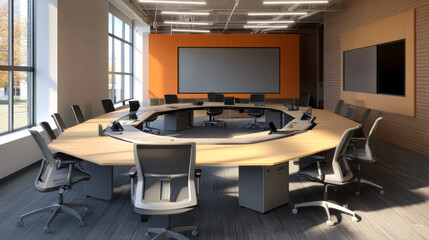 Naklejka premium A collaborative work area with group desks and interactive screens.