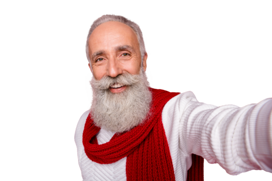 Self-portrait of his he nice attractive well-groomed confident content cheerful gray-haired man grandpa isolated over bright vivid shine red background