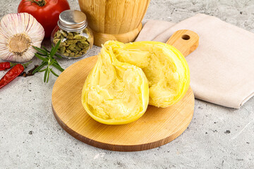 Italian traditional yellow Scamorza cheese