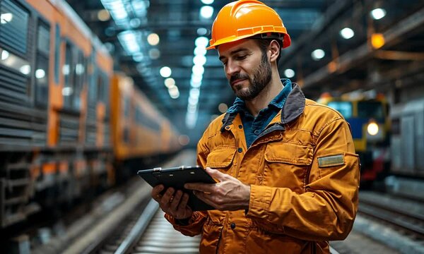 a man holding a tab at a train station