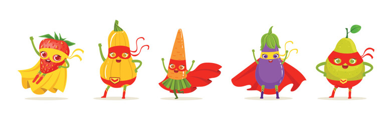 Superhero Fruit and Vegetables In Masks And Capes Vector Set
