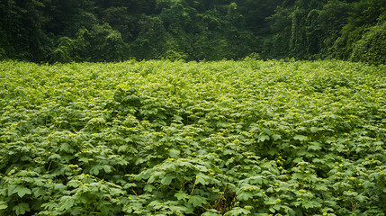 A dense spread of invasive Japanese knotweed overtaking a European countryside landscape 