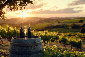 Charming vineyard scene at sunset featuring bottles of sparkling wine. A warm glow lights the sky as nature brings peace. Perfect for wine lovers and event planners. Generative AI