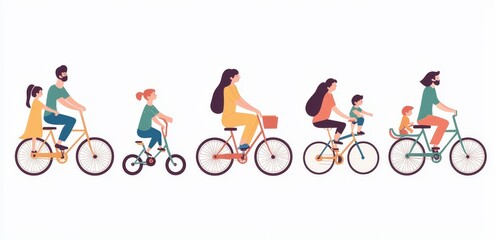 Obraz premium The template features a family riding bicycles, a man waving his hand, and a mother riding bicycles with her child. People cycling outside activities in the park, healthy lifestyle concept
