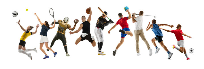Back view collage. Male and female athletes of different sports in uniform in motion, competing for...