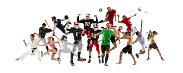collage of multiple athletes of different sport showing skills, determination and motivation isolated on white background. Concept of professional sport, competition, tournament, achievements