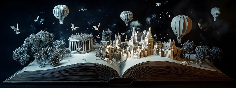 An open book with an intricate paper sculpture of a fantasy world coming to life, complete with floating balloons and castles