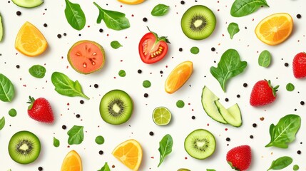 A pattern of a variety of fruits and vegetables on white background, AI