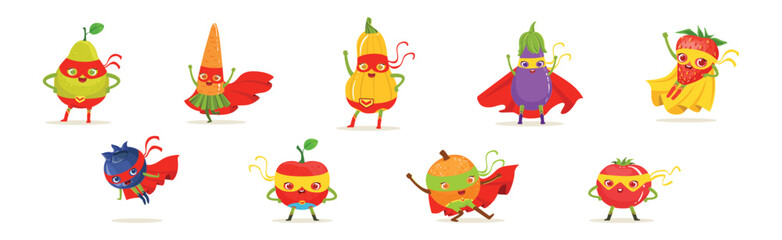 Superhero Fruit and Vegetables In Masks And Capes Vector Set