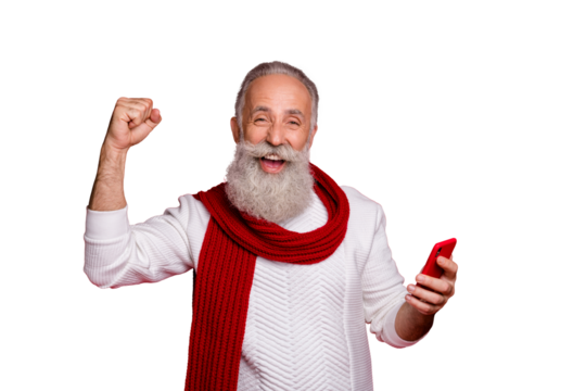 Portrait of his he nice attractive cheerful glad satisfied gray-haired man holding in hands cell fast connection speed blog like smm post isolated over bright vivid shine red background
