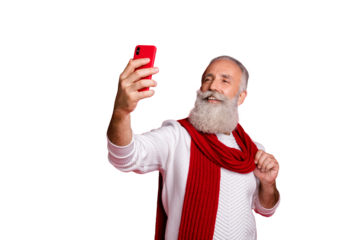 Portrait of his he nice attractive cheerful cheery confident fashionable positive gray-haired man taking making selfie posing isolated over bright vivid shine red background