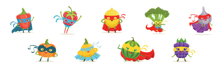 Superhero Fruit and Vegetables In Masks And Capes Vector Set