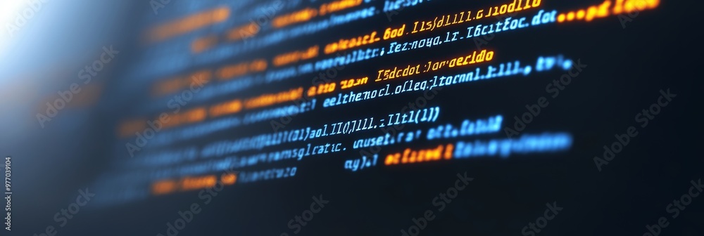 Poster secure software. development code on computer screen. blurred background with blue and orange