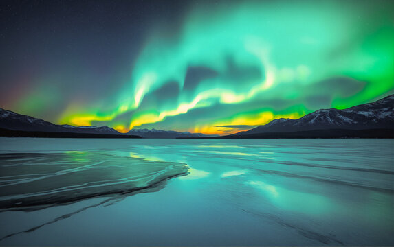 Stunning winter landscape: the night sky with the northern lights reflected in the water of a mountain lake. Night winter landscape with aurora. Borealis.
