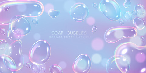 Soap bubbles Abstract dreamy background, soap foam with rainbow reflection, holographic lather vector banner design