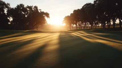 Fototapeta premium The setting sun creates beautiful shadows on a tranquil golf course surrounded by trees, capturing a serene and picturesque moment in nature.