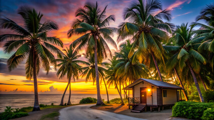 Coastal paradise with calm ocean, palm trees, and a tranquil atmosphere Perfect vacation destination: sun-drenched beach, palm trees, and a cozy cottage