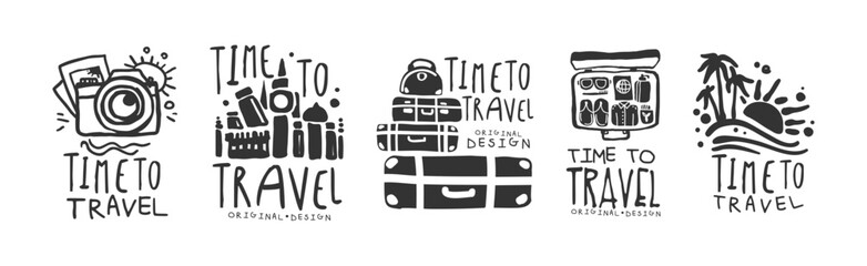 Time to Travel Original Design with Object Silhouette Vector Set