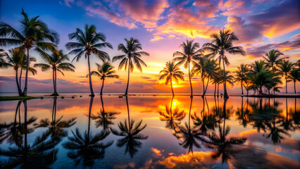 Obraz premium Serene beach scene with palm trees silhouetted against a vibrant sunset. Golden hues of the sky reflect on a calm ocean, creati