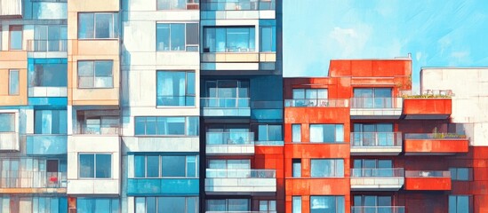 New modern apartment buildings featuring windows balconies and outdoor amenities in a contemporary architectural style Mixed media illustration