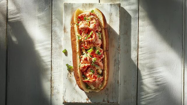 Gourmet Lobster Roll Sandwich on Rustic Wooden Board