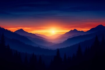 A breathtaking view of a mountain sunset, with layers of hills and a vibrant sky filled with colors blending beautifully.