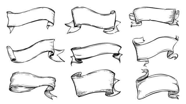 PNG hand drawn ribbon banner element set, transparent background