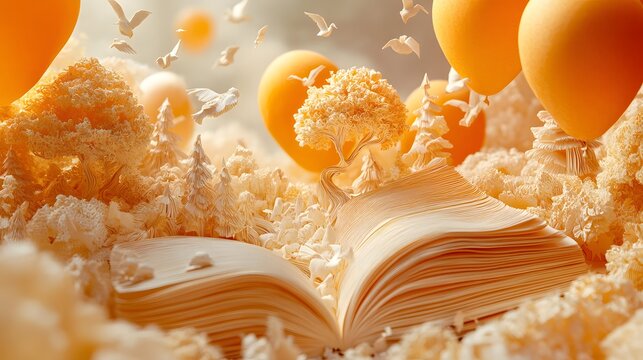 An open book with an intricate paper sculpture of a fantasy world coming to life, complete with floating balloons and castles