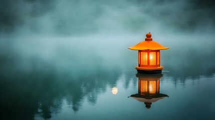 Floating lantern in misty waters, soft orange glow illuminating the fog, serene reflection on tranquil lake, creating a peaceful, mystical atmosphere.