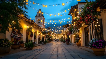 Fototapeta premium Charming cobblestone street adorned with vibrant flowers, glowing lanterns, and a picturesque church, creating a magical evening ambiance.