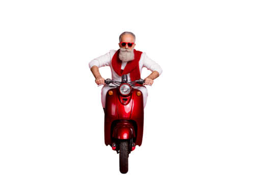 Full size photo of gorgeous retired person driving bike wearing white jumper having eyewear eyeglasses isolated over red background