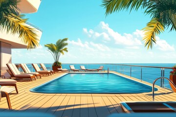 Fototapeta premium Beautiful poolside scene on a sunny day. Relaxing chairs line the pool. A stunning view of the ocean awaits. Perfect for summer vacations and relaxation. Generative AI