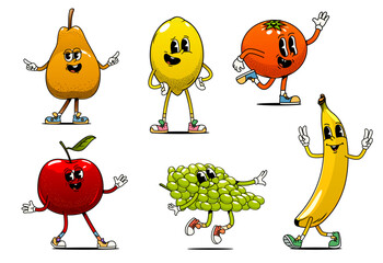 Cartoon groovy fruit characters in 70s or 80s retro funky art, vector comic personages. Cartoon groovy banana, apple and lemon with pear and grape or tangerine with happy face for positive vibe emoji