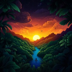 A serene sunset over a lush valley, with vibrant colors reflecting off the calm river, surrounded by dense foliage and mountains.