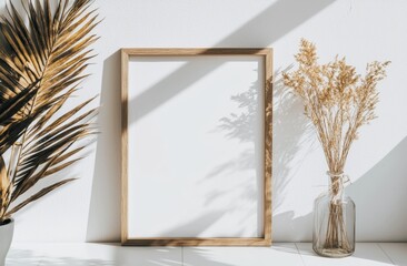 Wooden frame mockup with space for artwork, photos or prints. The background is white with a vase and dried gypsophila flowers.