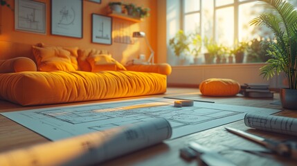 A detailed architectural floor plan laid out on a table with drafting tools such as a compass, ruler, and triangle. The floor plan includes furniture layout and room design.