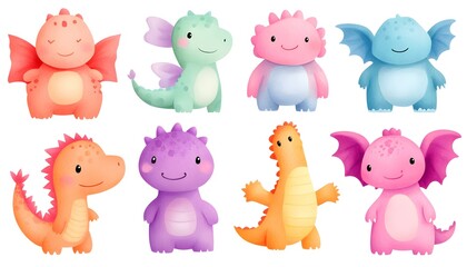 Obraz premium Charming collection of colorful, whimsical cartoon dragons with playful expressions and unique features, designed to delight children and spark creativity.