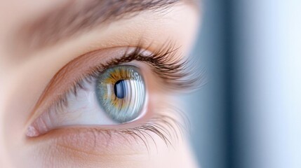 A close-up of an eye showcasing vibrant colors and intricate details of the iris and eyelashes.