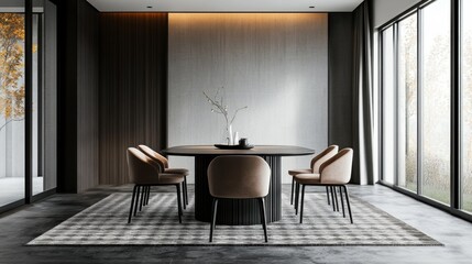 minimalist dining table with a geometric-patterned rug, a design concept banner with vacant room showcasing interior dcor