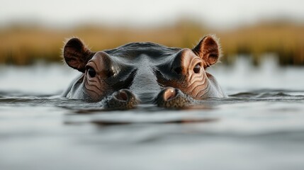 Fototapeta premium A serene and calm close-up image of a hippo keeping only its ears and eyes above the waterline with a blurred natural background. The presence of the hippo in its habitat is peaceful.