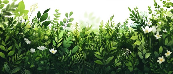 A vibrant collection of lush green foliage and delicate white flowers, creating a serene and natural landscape backdrop.