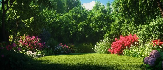 A vibrant garden filled with colorful flowers and lush greenery, perfect for relaxation and enjoying nature's beauty.