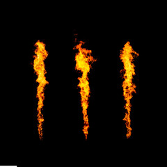 Set of three narrow fire jets, flame collection isolated on black